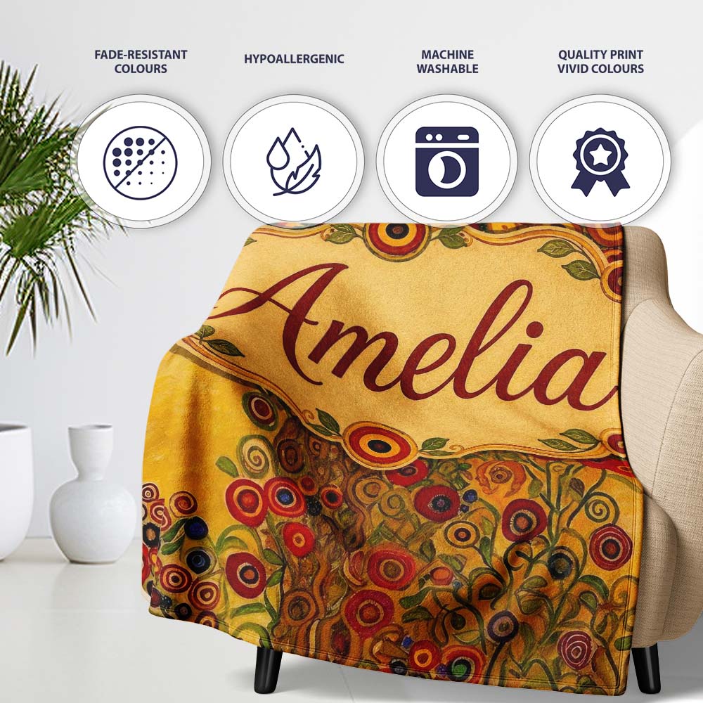 Rich Red Floral Tree Abstract Blossoms Warm Tones Seamless Pattern  Personalised Custom Name Super Soft Fleece Blanket Bed Sofa Throw