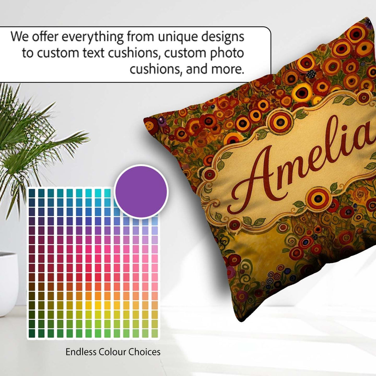 Custom Name Rich Red Floral Tree Abstract Blossoms Warm Seamless Square Filled Cushion Throw Pillow Sofa Bed Home Decor Zip Washable UK Made