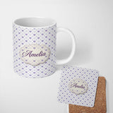 Personalized Custom Name Purple Heart Repeat Pattern Cute Minimal Love Theme Seamless Design 11oz Ceramic Coffee Tea Mug White Large Handle