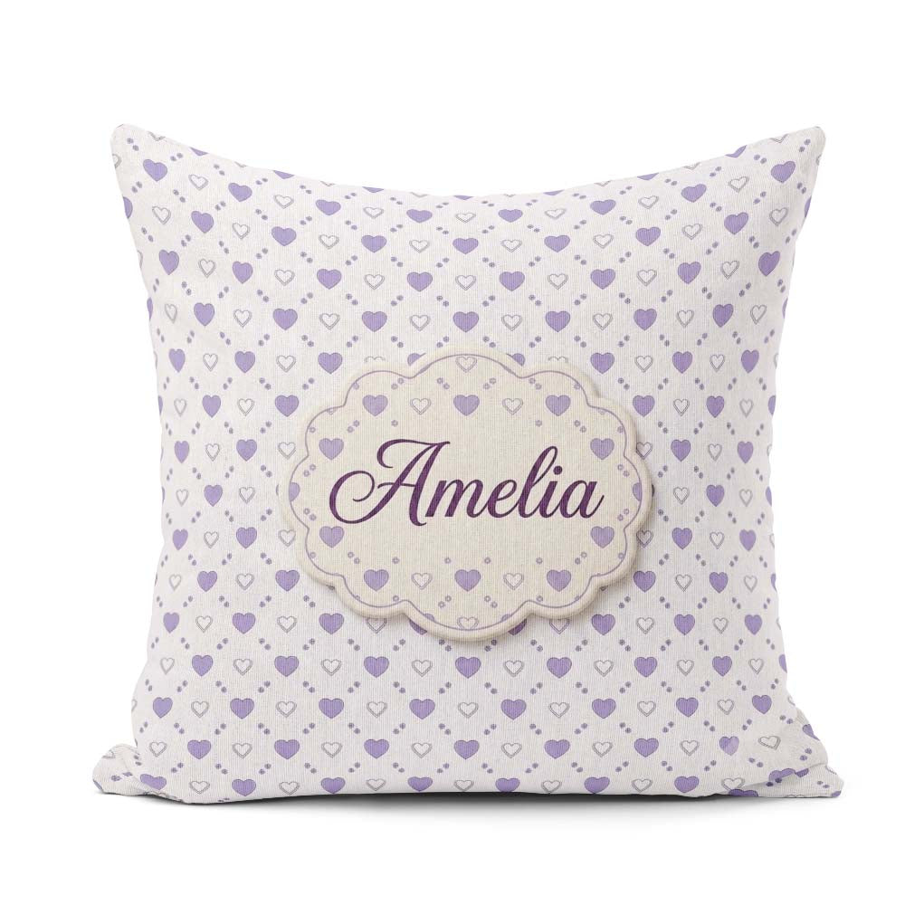 Custom Name Purple Heart Repeat Pattern Minimal Seamless Design Square Filled Cushion Throw Pillow Sofa Bed Home Decor Zip Washable UK Made