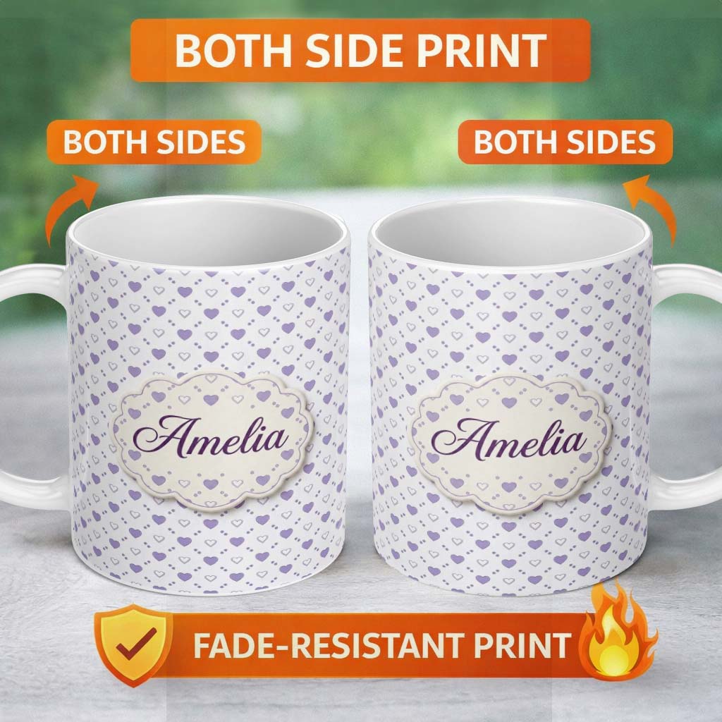 Personalized Custom Name Purple Heart Repeat Pattern Cute Minimal Love Theme Seamless Design 11oz Ceramic Coffee Tea Mug White Large Handle