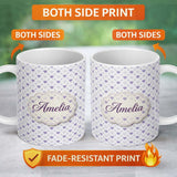 Personalized Custom Name Purple Heart Repeat Pattern Cute Minimal Love Theme Seamless Design 11oz Ceramic Coffee Tea Mug White Large Handle
