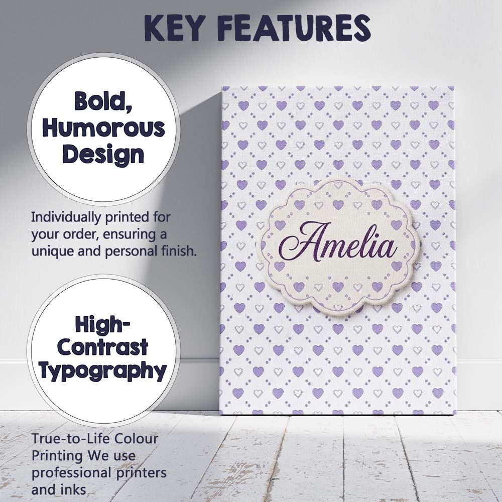 Personalised Name Purple Heart Repeat Custom Modern Room Accent Creative Decorator Style Canvas Wall Art Print Decor Picture Ready to Hang