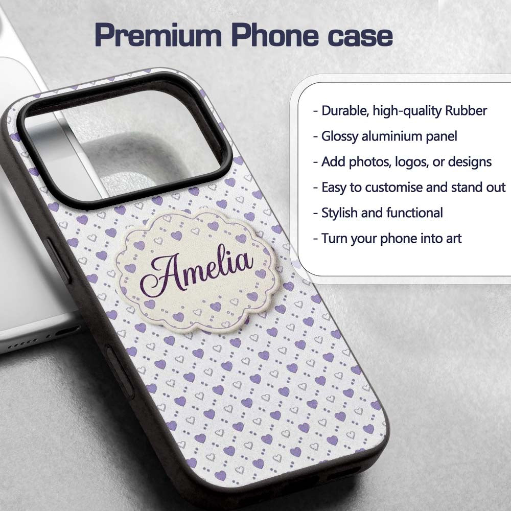 Purple Heart Repeat Pattern Cute Minimal Love Custom Name Protective Phone Case Mobile Cover Durable Everyday Smartphone Shock Resistant