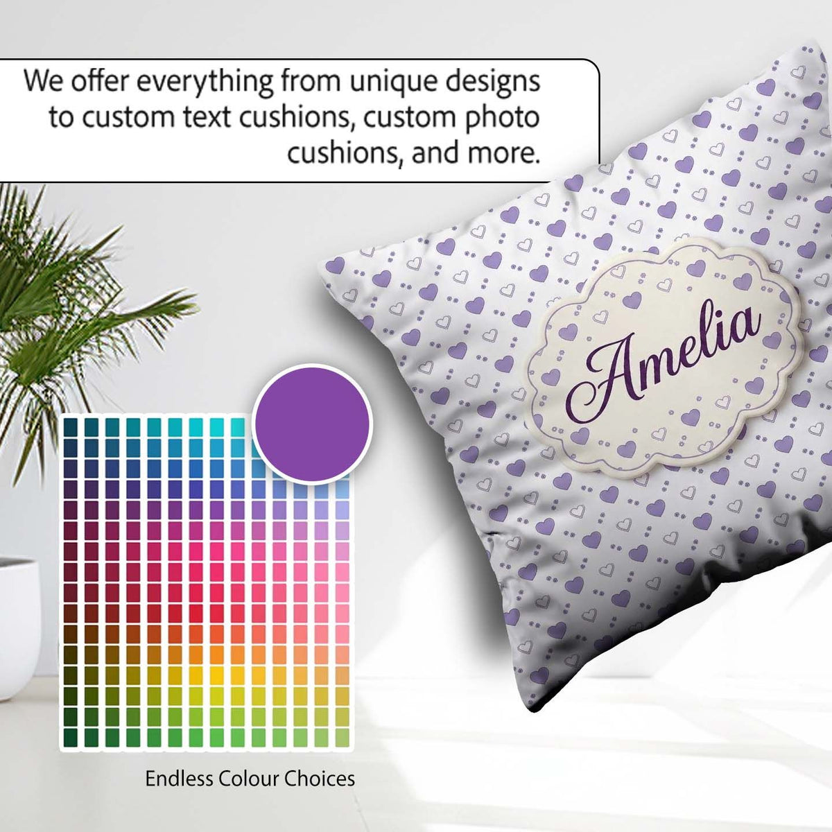 Custom Name Purple Heart Repeat Pattern Minimal Seamless Design Square Filled Cushion Throw Pillow Sofa Bed Home Decor Zip Washable UK Made