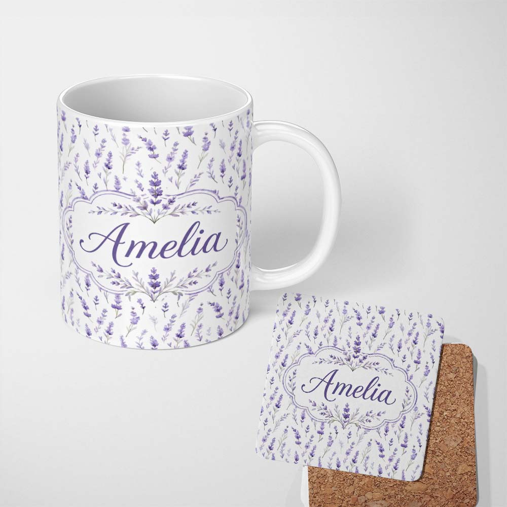 Personalized Custom Name Lavender Floral Sprigs Soft Botanical Seamless Pattern Elegant 11oz Ceramic Coffee Tea Mug White Large Handle