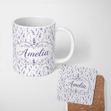 Personalized Custom Name Lavender Floral Sprigs Soft Botanical Seamless Pattern Elegant 11oz Ceramic Coffee Tea Mug White Large Handle
