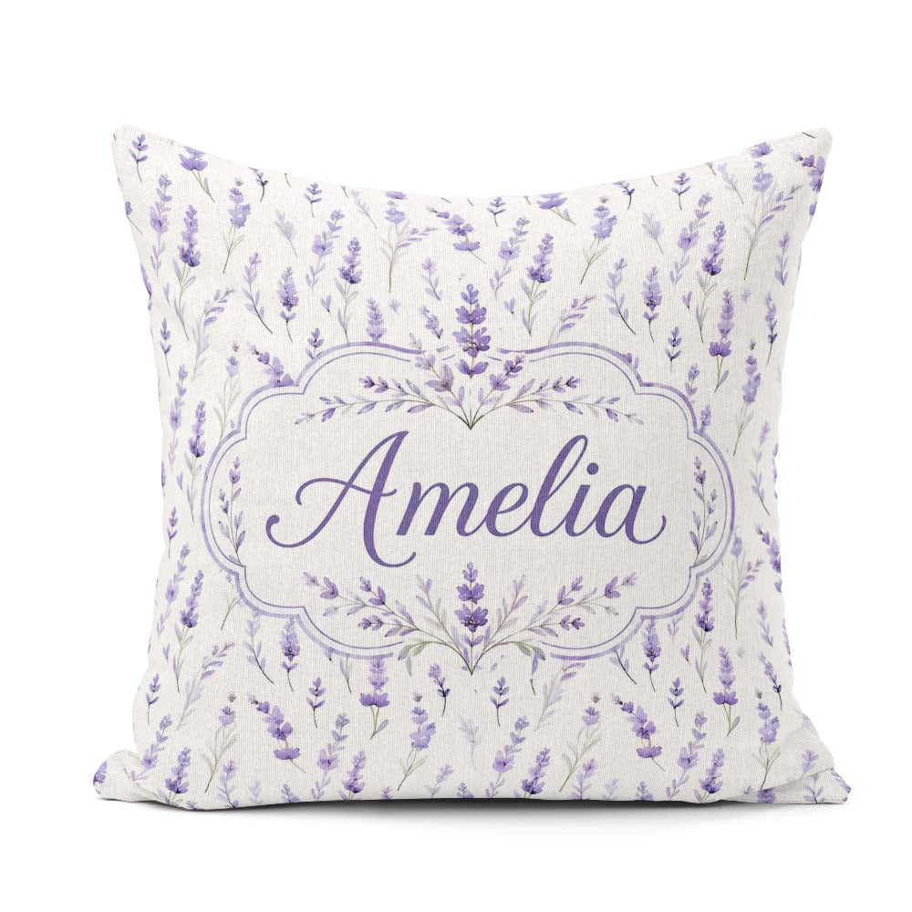 Custom Name Lavender Floral Sprigs Soft Seamless Pattern Elegant Square Filled Cushion Throw Pillow Sofa Bed Home Decor Zip Washable UK Made