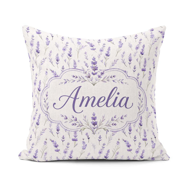 Custom Name Lavender Floral Sprigs Soft Seamless Pattern Elegant Square Filled Cushion Throw Pillow Sofa Bed Home Decor Zip Washable UK Made