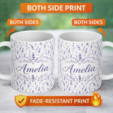 Personalized Custom Name Lavender Floral Sprigs Soft Botanical Seamless Pattern Elegant 11oz Ceramic Coffee Tea Mug White Large Handle