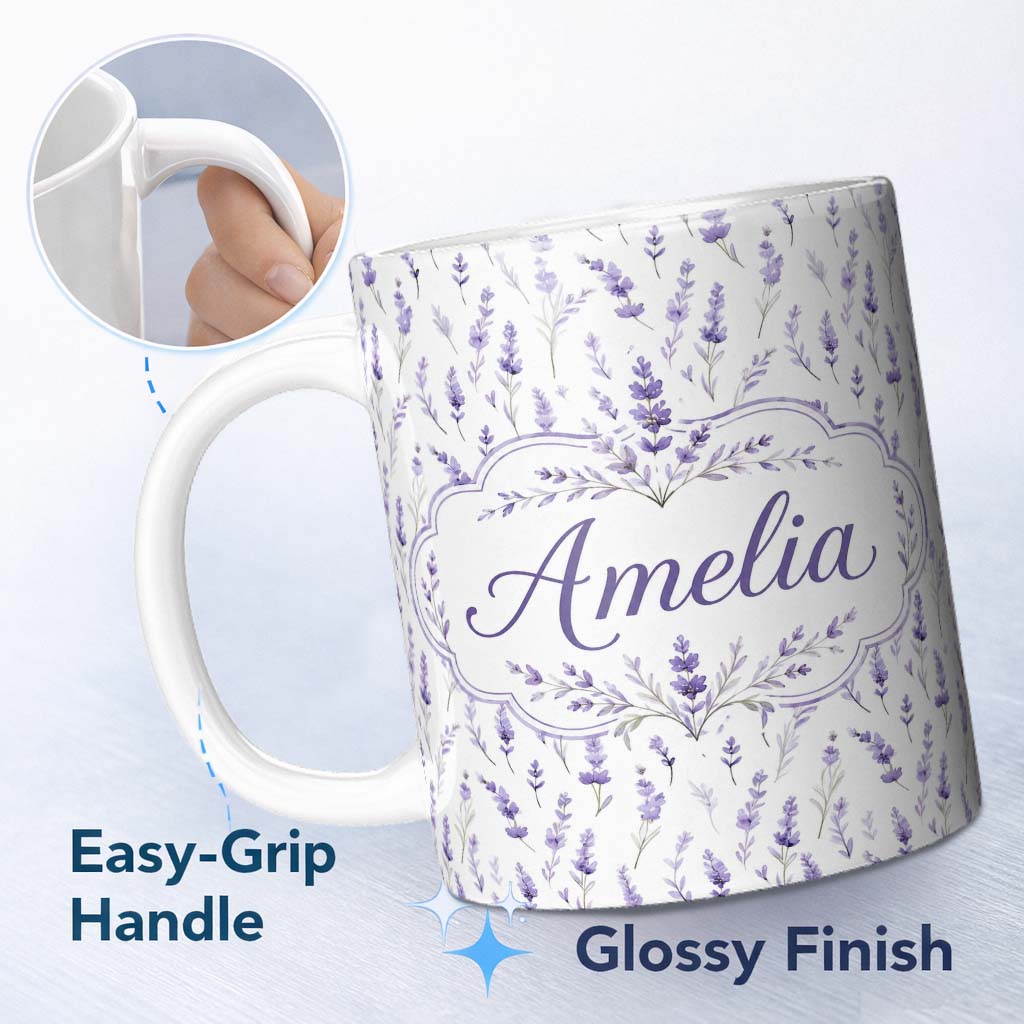 Personalized Custom Name Lavender Floral Sprigs Soft Botanical Seamless Pattern Elegant 11oz Ceramic Coffee Tea Mug White Large Handle