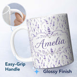 Personalized Custom Name Lavender Floral Sprigs Soft Botanical Seamless Pattern Elegant 11oz Ceramic Coffee Tea Mug White Large Handle