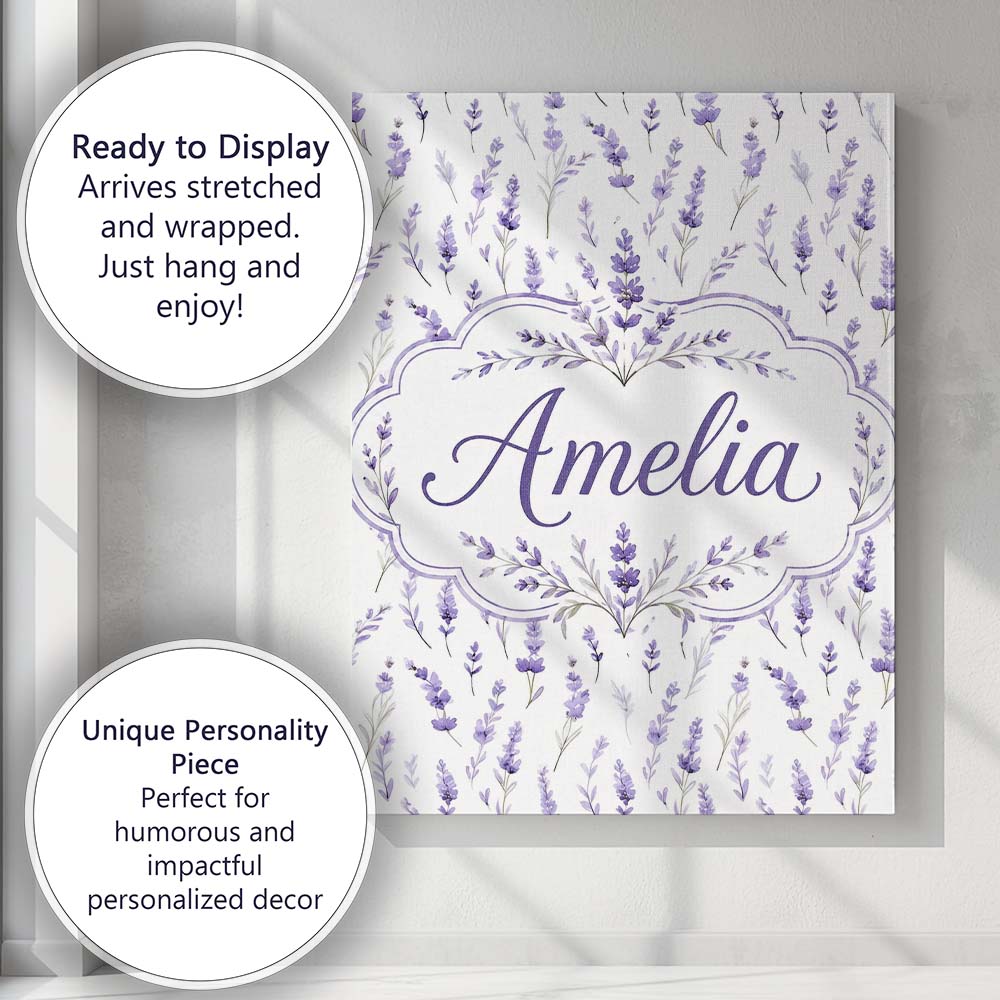 Personalised Name Lavender Floral Sprigs Custom  Unique Gift Idea Elegant Feature Canvas Wall Art Print Decor Picture Ready to Hang