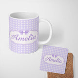 Personalized Custom Name Lilac Gingham Hearts Cute Check Pattern Soft Pastel Seamless Design 11oz Ceramic Coffee Tea Mug White Large Handle