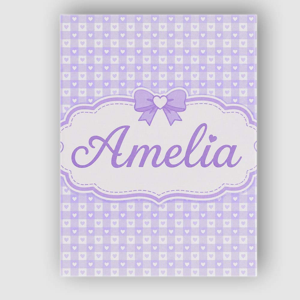 Personalised Name Lilac Gingham Hearts Cute Custom  Bespoke Interior Contemporary Canvas Wall Art Print Decor Picture Ready to Hang