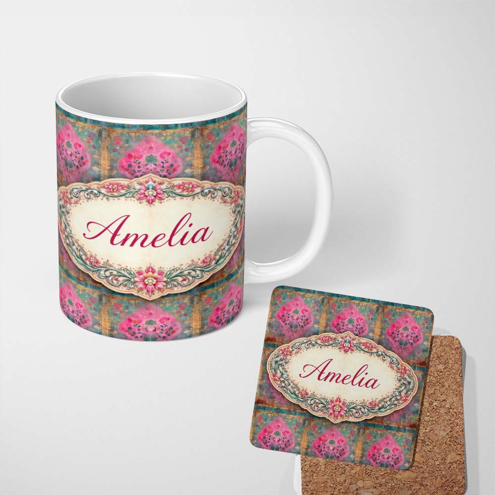Personalized Custom Name Teal Pink Vintage Floral Frame Pattern Distressed Ornamental Lovely 11oz Ceramic Coffee Tea Mug White Large Handle