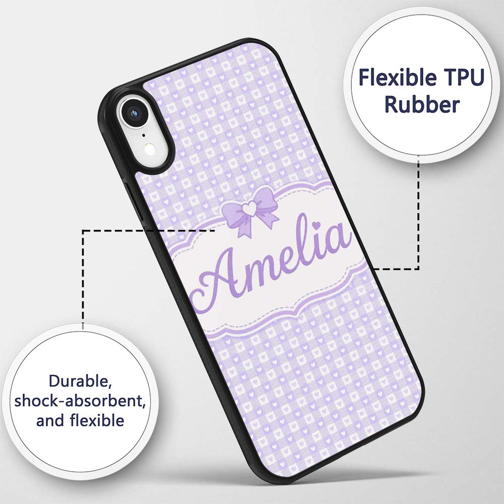 Lilac Gingham Hearts Cute Check Pattern Soft Custom Name Protective Phone Case Mobile Cover Durable Everyday Smartphone Shock Resistant