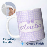 Personalized Custom Name Lilac Gingham Hearts Cute Check Pattern Soft Pastel Seamless Design 11oz Ceramic Coffee Tea Mug White Large Handle