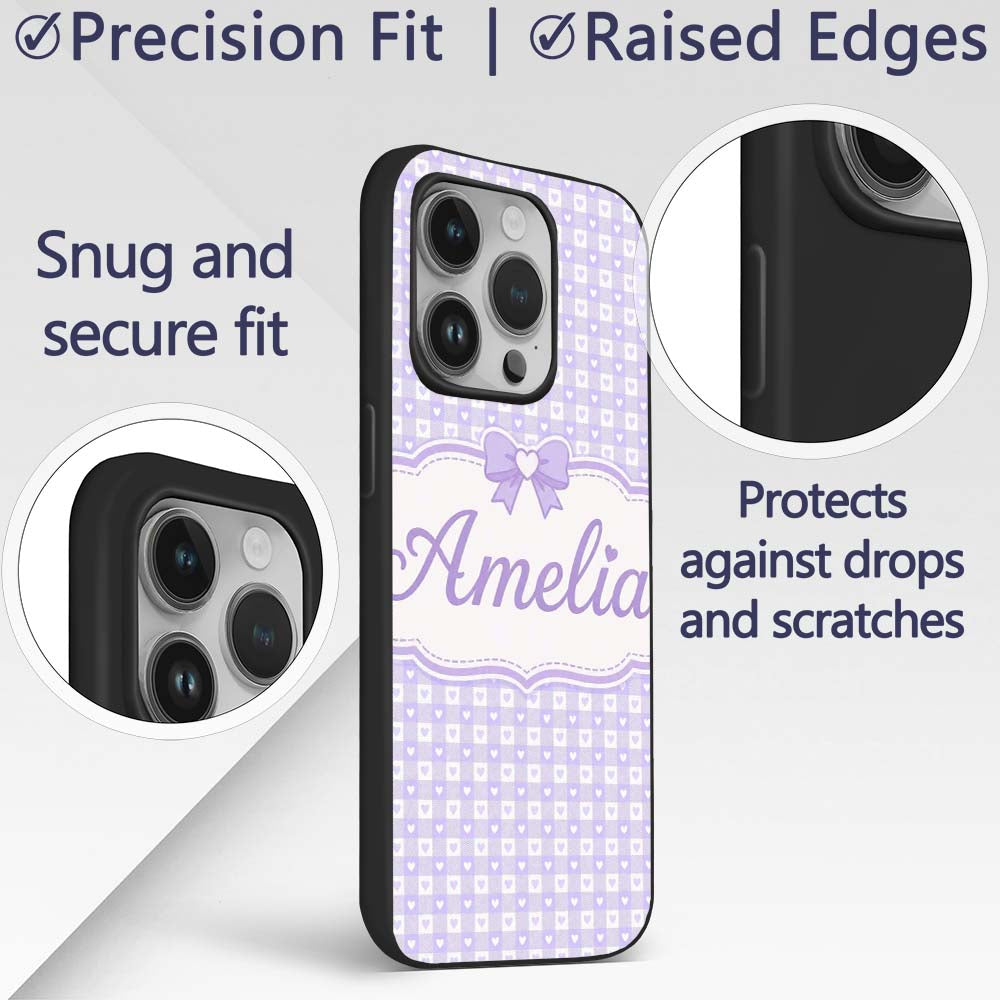 Lilac Gingham Hearts Cute Check Pattern Soft Custom Name Protective Phone Case Mobile Cover Durable Everyday Smartphone Shock Resistant