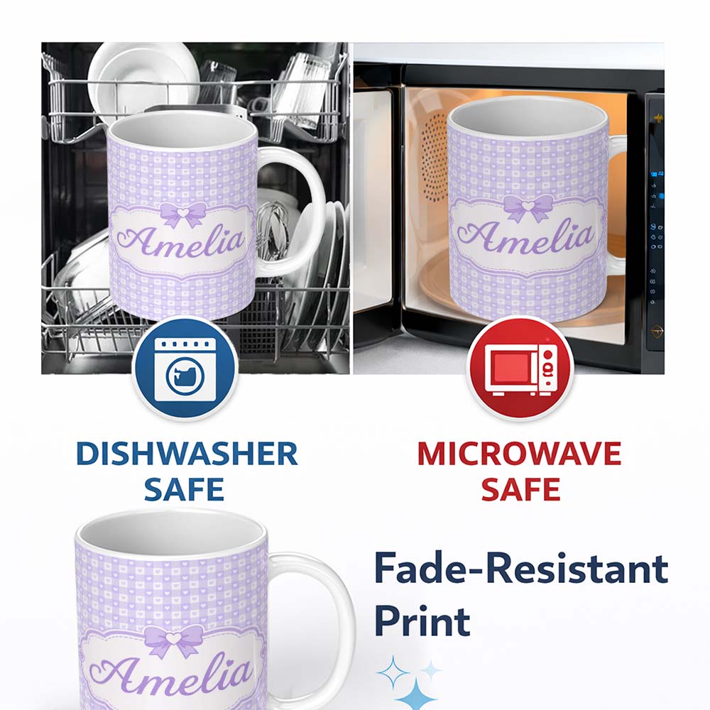 Personalized Custom Name Lilac Gingham Hearts Cute Check Pattern Soft Pastel Seamless Design 11oz Ceramic Coffee Tea Mug White Large Handle