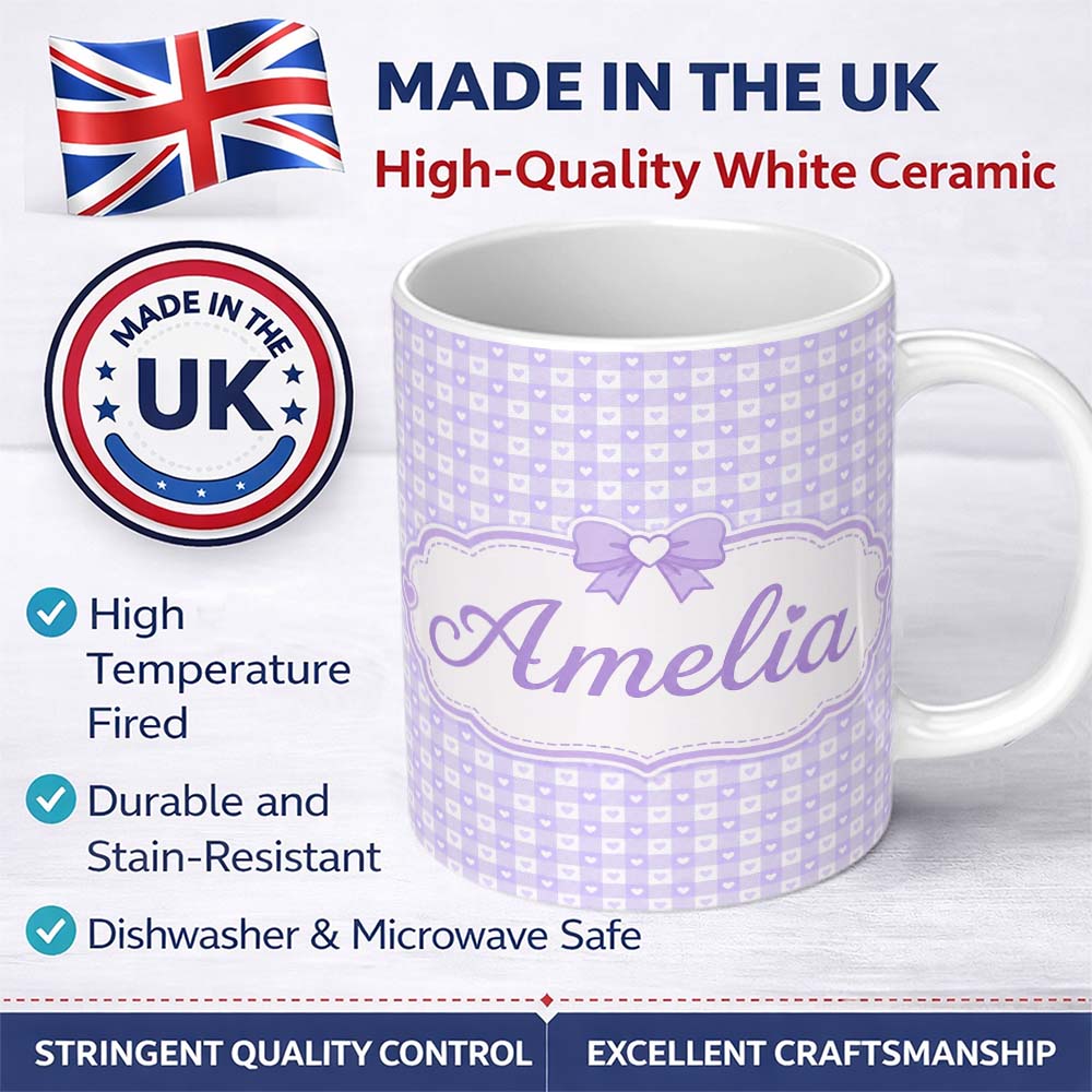 Personalized Custom Name Lilac Gingham Hearts Cute Check Pattern Soft Pastel Seamless Design 11oz Ceramic Coffee Tea Mug White Large Handle