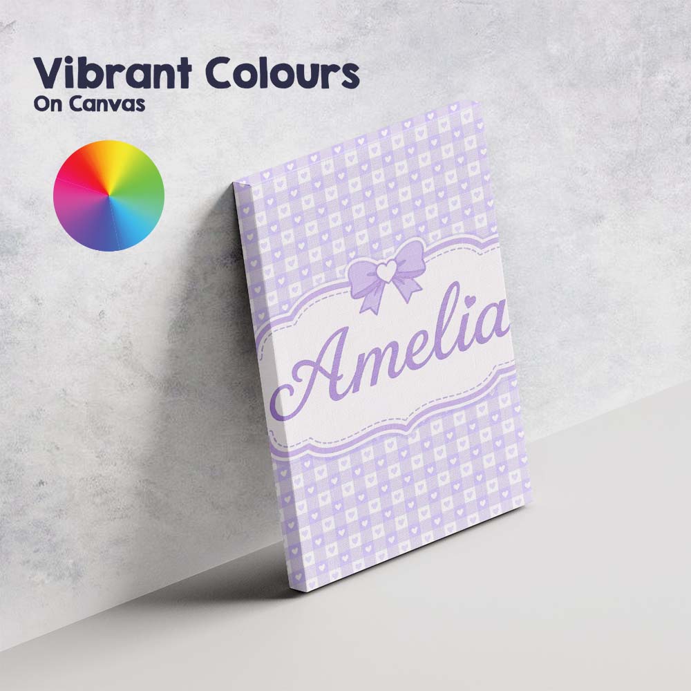 Personalised Name Lilac Gingham Hearts Cute Custom  Bespoke Interior Contemporary Canvas Wall Art Print Decor Picture Ready to Hang