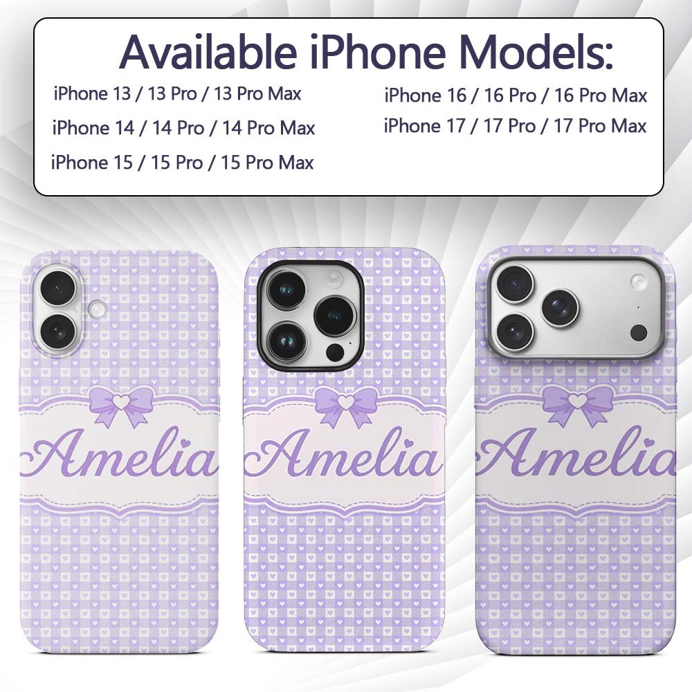 Lilac Gingham Hearts Cute Check Pattern Soft Custom Name Protective Phone Case Mobile Cover Durable Everyday Smartphone Shock Resistant