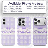 Lilac Gingham Hearts Cute Check Pattern Soft Custom Name Protective Phone Case Mobile Cover Durable Everyday Smartphone Shock Resistant