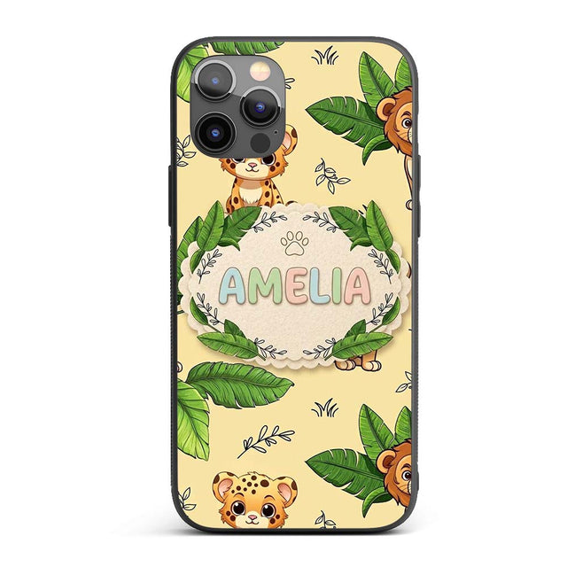 Cute Jungle Animals Lion Tiger Leopard Light Grey Custom Name Protective Phone Case Mobile Cover Durable Everyday Smartphone Shock Resistant