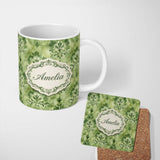 Personalized Custom Name Green Watercolor Damask Pattern Classic Ornamental Seamless Design 11oz Ceramic Coffee Tea Mug White Large Handle