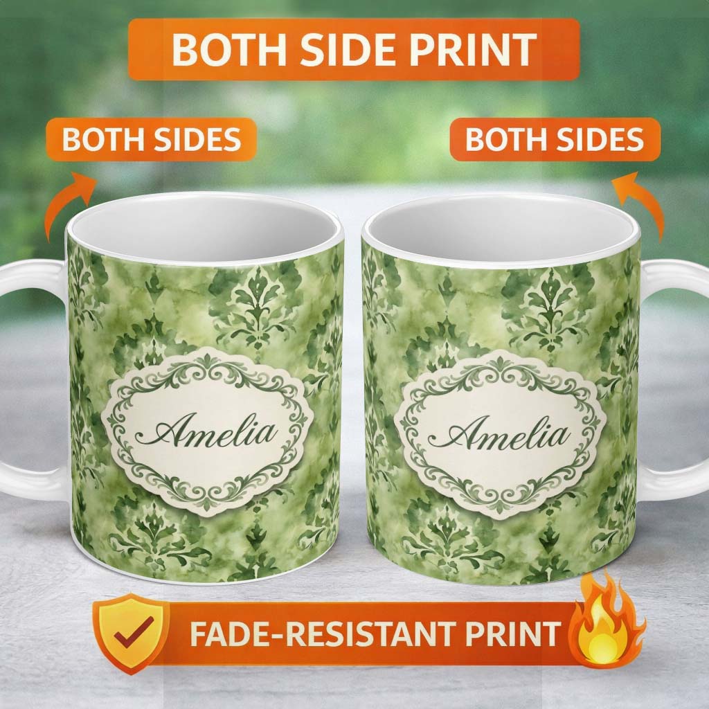 Personalized Custom Name Green Watercolor Damask Pattern Classic Ornamental Seamless Design 11oz Ceramic Coffee Tea Mug White Large Handle