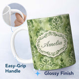 Personalized Custom Name Green Watercolor Damask Pattern Classic Ornamental Seamless Design 11oz Ceramic Coffee Tea Mug White Large Handle