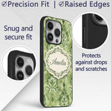 Green Watercolor Damask Pattern Printed Design Custom Name Protective Phone Case Mobile Cover Durable Everyday Smartphone Shock Resistant