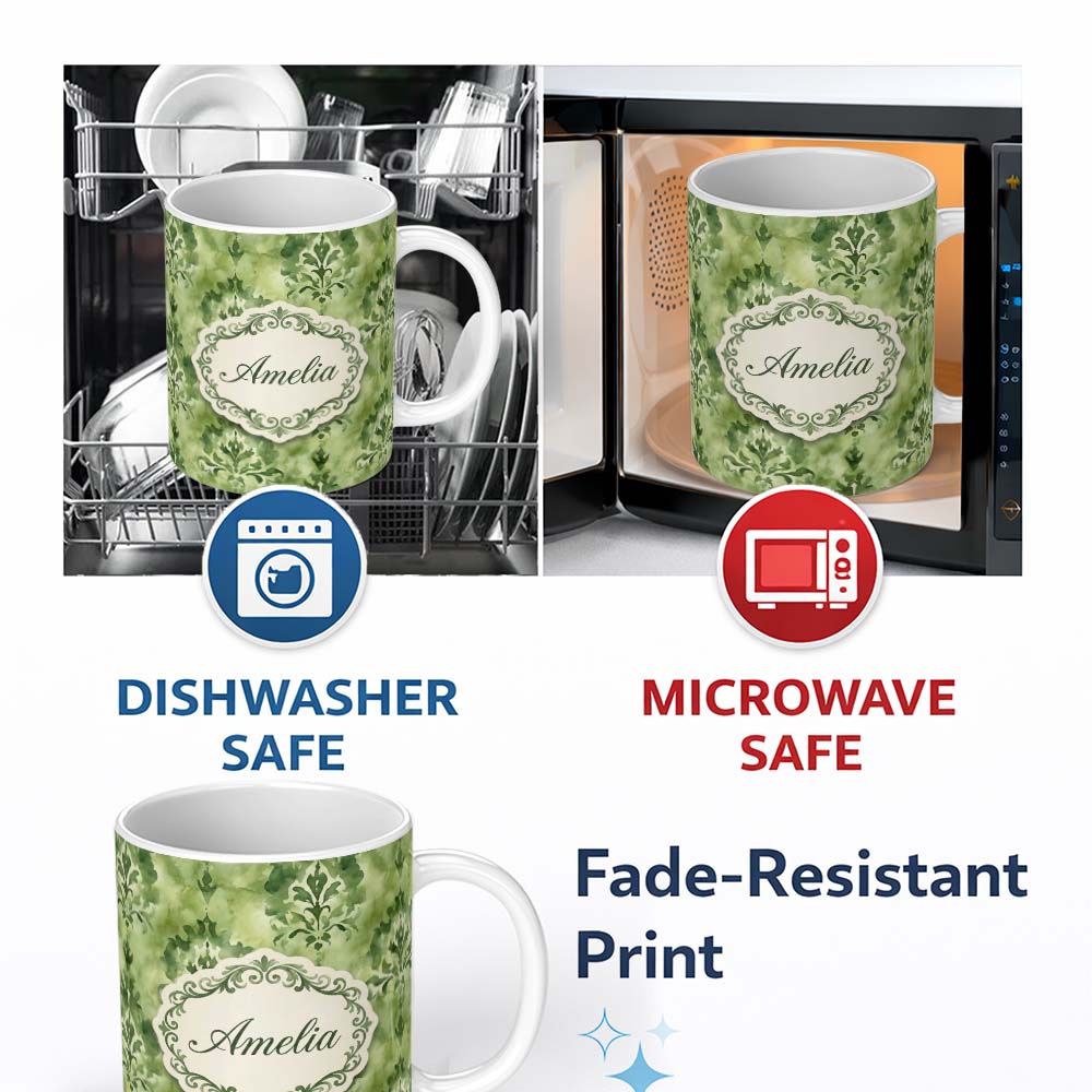 Personalized Custom Name Green Watercolor Damask Pattern Classic Ornamental Seamless Design 11oz Ceramic Coffee Tea Mug White Large Handle