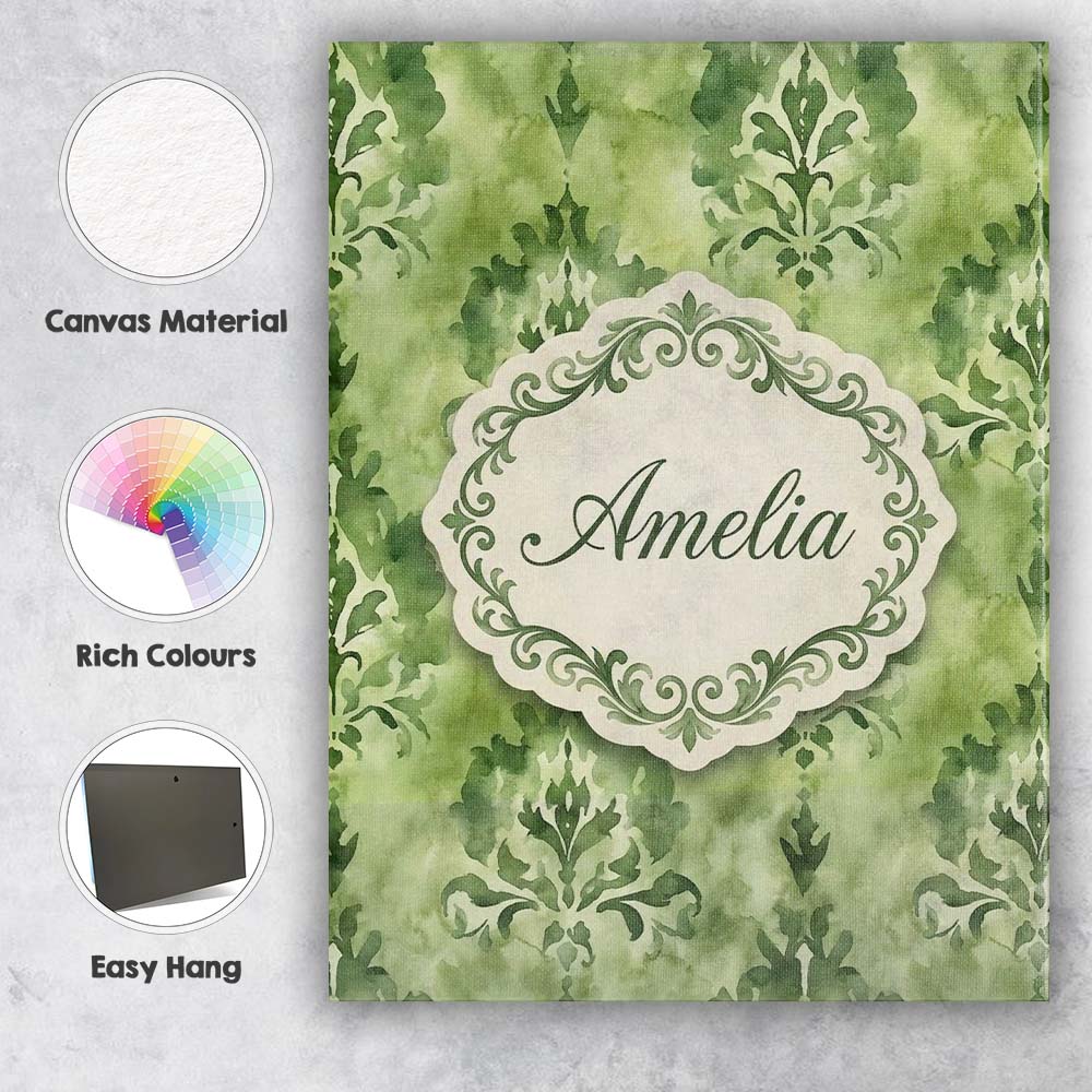 Personalised Name Green Watercolor Damask Custom  Unique Gift Idea Elegant Feature Canvas Wall Art Print Decor Picture Ready to Hang