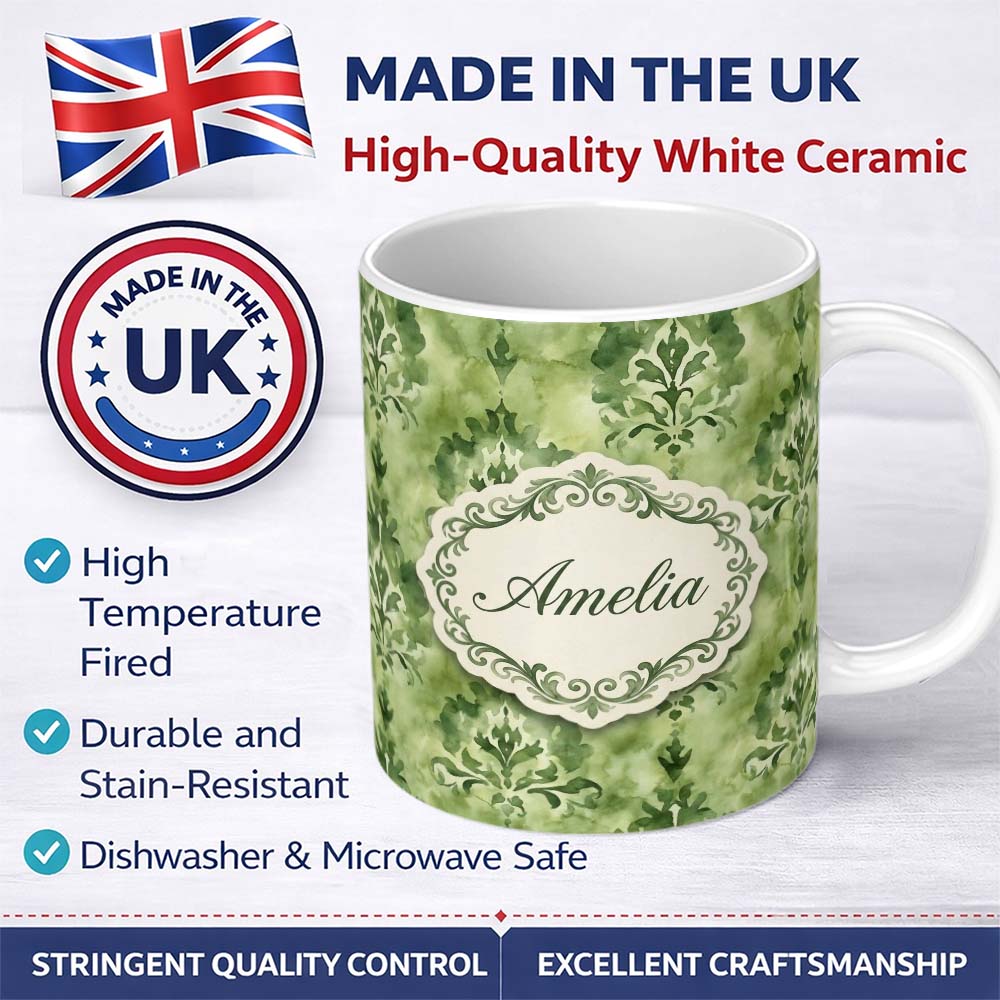 Personalized Custom Name Green Watercolor Damask Pattern Classic Ornamental Seamless Design 11oz Ceramic Coffee Tea Mug White Large Handle