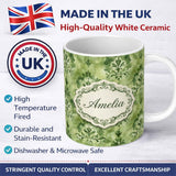 Personalized Custom Name Green Watercolor Damask Pattern Classic Ornamental Seamless Design 11oz Ceramic Coffee Tea Mug White Large Handle