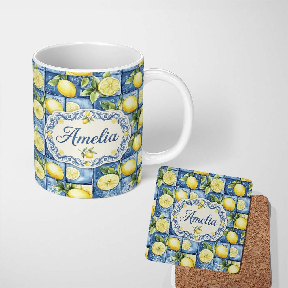 Personalized Custom Name Blue Ceramic Tile Lemon Fruit Mediterranean Kitchen Seamless 11oz Ceramic Coffee Tea Mug White Large Handle