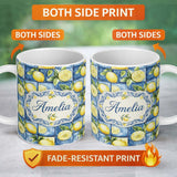 Personalized Custom Name Blue Ceramic Tile Lemon Fruit Mediterranean Kitchen Seamless 11oz Ceramic Coffee Tea Mug White Large Handle