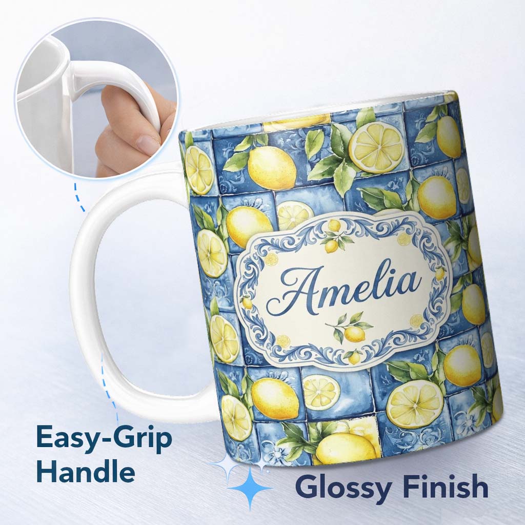 Personalized Custom Name Blue Ceramic Tile Lemon Fruit Mediterranean Kitchen Seamless 11oz Ceramic Coffee Tea Mug White Large Handle