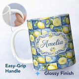 Personalized Custom Name Blue Ceramic Tile Lemon Fruit Mediterranean Kitchen Seamless 11oz Ceramic Coffee Tea Mug White Large Handle