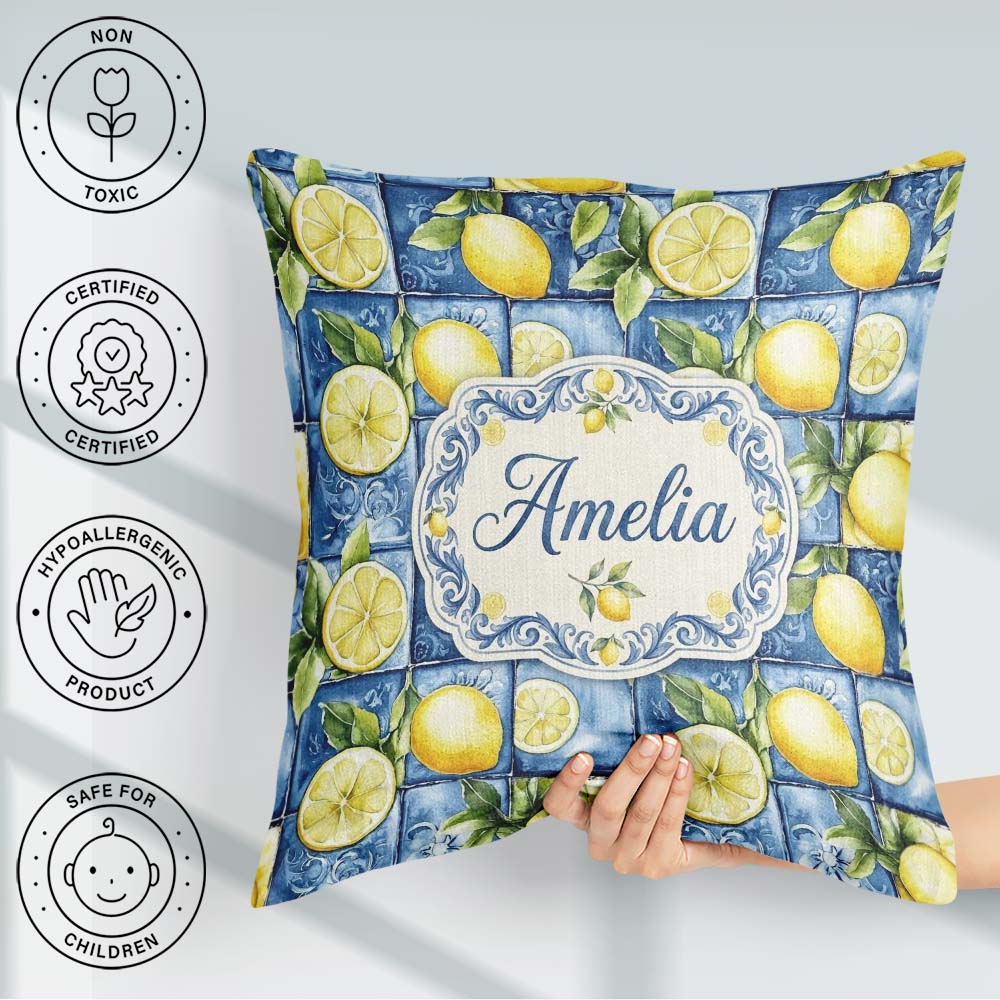 Custom Name Blue Ceramic Tile Lemon Fruit Mediterranean Seamless Square Filled Cushion Throw Pillow Sofa Bed Home Decor Zip Washable UK Made