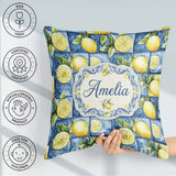 Custom Name Blue Ceramic Tile Lemon Fruit Mediterranean Seamless Square Filled Cushion Throw Pillow Sofa Bed Home Decor Zip Washable UK Made