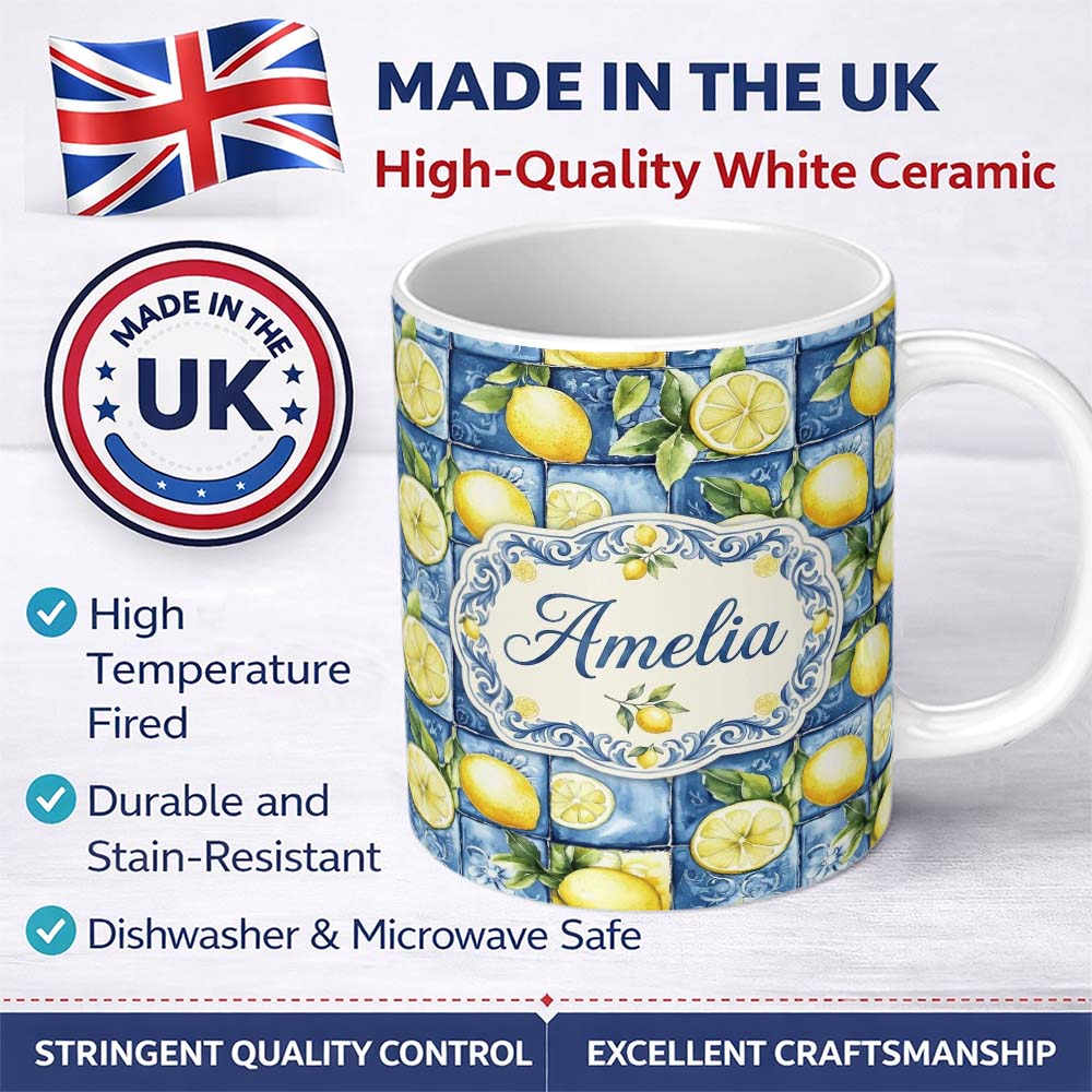 Personalized Custom Name Blue Ceramic Tile Lemon Fruit Mediterranean Kitchen Seamless 11oz Ceramic Coffee Tea Mug White Large Handle