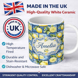 Personalized Custom Name Blue Ceramic Tile Lemon Fruit Mediterranean Kitchen Seamless 11oz Ceramic Coffee Tea Mug White Large Handle