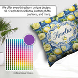 Custom Name Blue Ceramic Tile Lemon Fruit Mediterranean Seamless Square Filled Cushion Throw Pillow Sofa Bed Home Decor Zip Washable UK Made