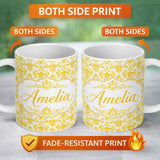 Personalized Custom Name Golden Damask Floral Vintage Ornamental Seamless Pattern Name Cute 11oz Ceramic Coffee Tea Mug White Large Handle