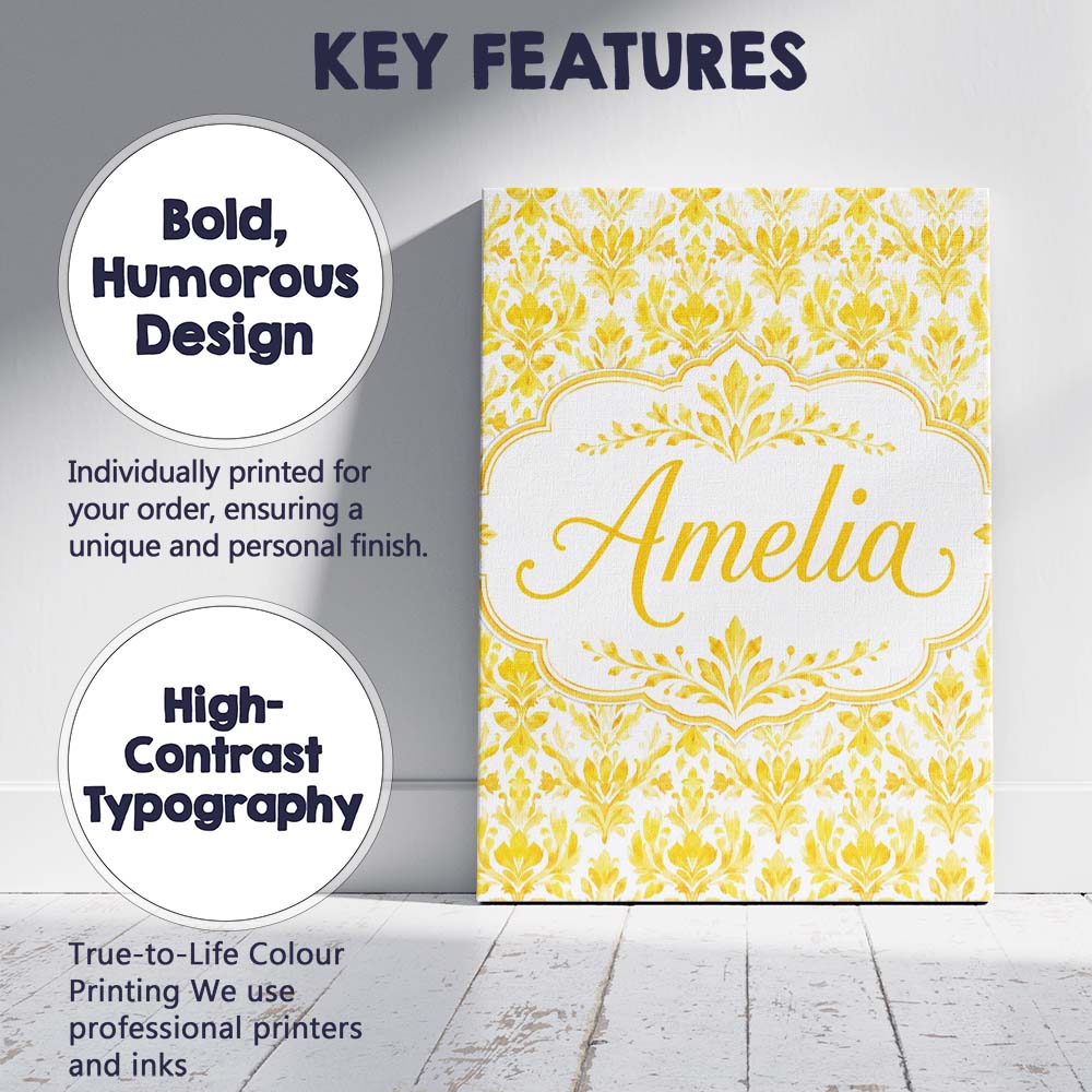 Personalised Name Golden Damask Floral Custom  Modern Room Accent Elegant Feature Canvas Wall Art Print Decor Picture Ready to Hang