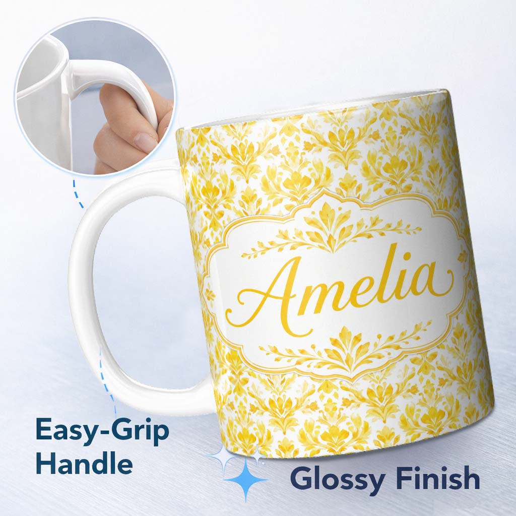 Personalized Custom Name Golden Damask Floral Vintage Ornamental Seamless Pattern Name Cute 11oz Ceramic Coffee Tea Mug White Large Handle