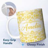 Personalized Custom Name Golden Damask Floral Vintage Ornamental Seamless Pattern Name Cute 11oz Ceramic Coffee Tea Mug White Large Handle